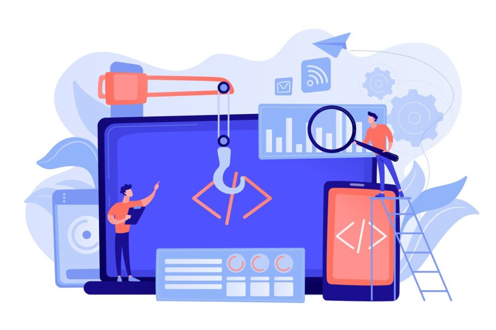 engineer developer with laptop tablet code cross platform development cross platform operating systems software environments concept pinkish coral bluevector isolated illustration 335657 2524