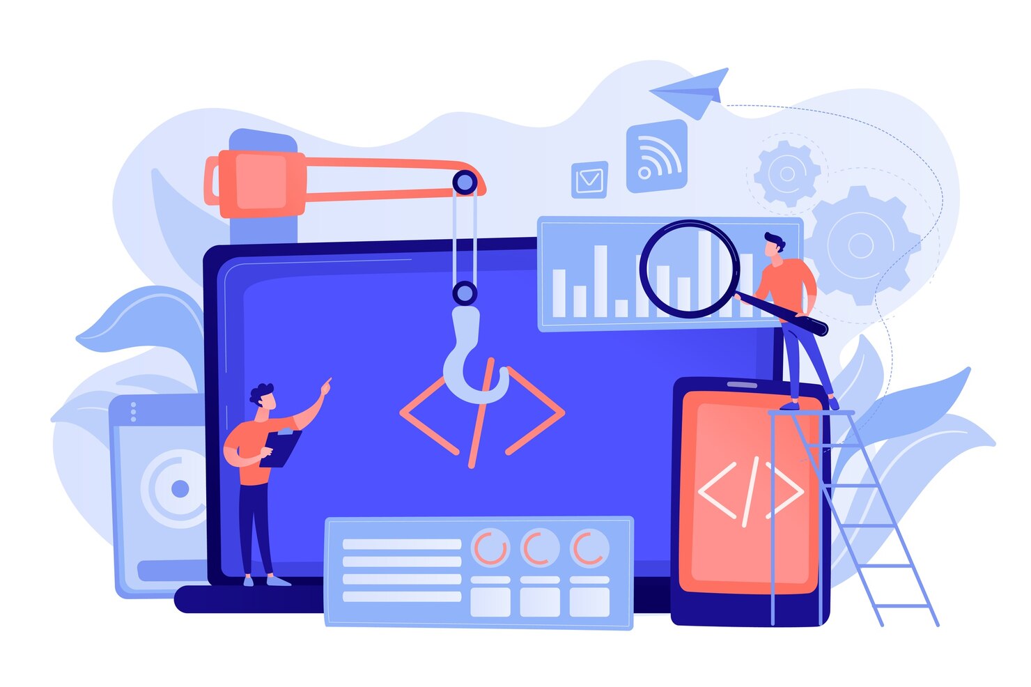 engineer developer with laptop tablet code cross platform development cross platform operating systems software environments concept pinkish coral bluevector isolated illustration 335657 2524